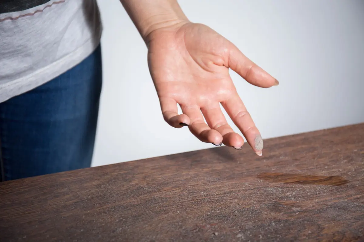 Female stands next to dusty table and shows dust collected on her fingertip